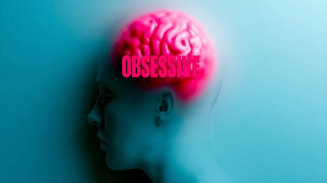 Human head profile visualizing an illuminated brain with obsessive text, illustrating mental health struggles and addiction