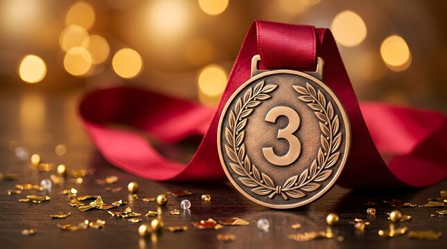 Bronze third place medal, 3rd position award, bronze medal with red ribbon