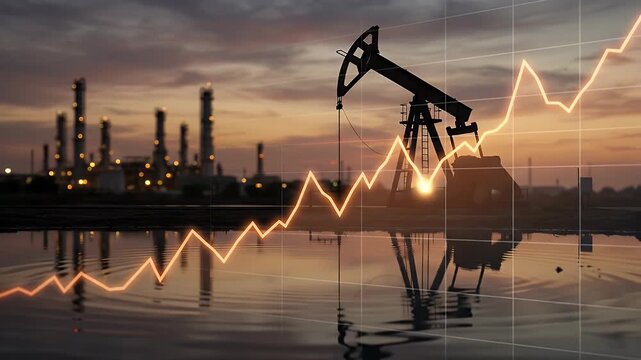 Oil pump jack silhouette against industrial skyline at sunset.