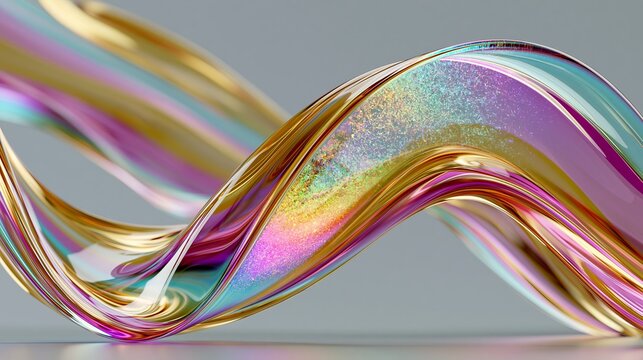 Iridescent liquid flowing abstract shape features reflective gold textures with vibrant holographic gradients captured in high resolution fluid digital design