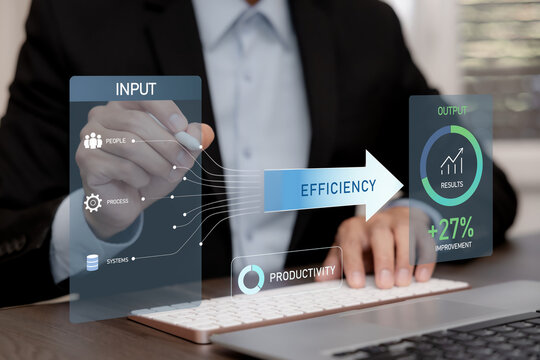 Business efficiency concept with people, processes and systems transforming into higher productivity and improved results through workflow optimization and performance management.
