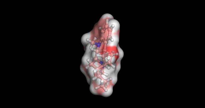 Ajmaline, Indian snakeroot toxin and heart sodium channel blocker, 3D molecule spinning, 4K