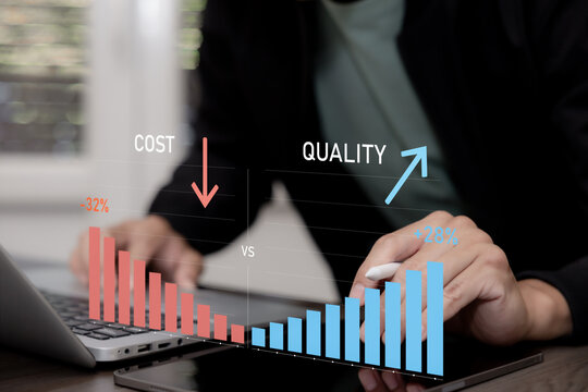 Business performance concept showing cost reduction and quality improvement, representing operational efficiency, process optimization, productivity and strategic management.
