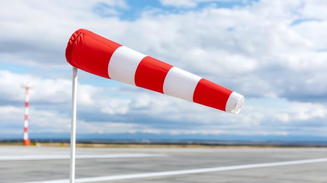 Red and white windsock blowing, indicating wind direction and speed at an airport, essential for aviation safety