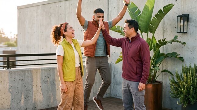 Generative AI, Diverse team celebrating success with a high five on a rooftop