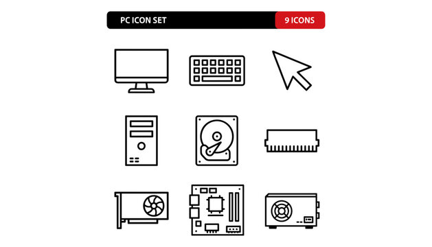  PC Computer Icon Set with Monitor, Keyboard, Mouse Cursor, Hard Drive, RAM, Motherboard, Graphics Card and Power Supply Symbols.
