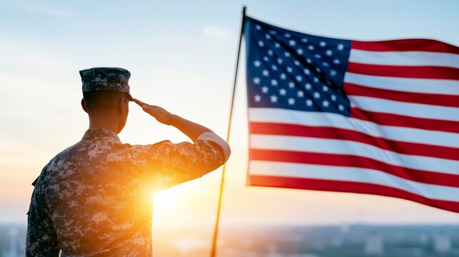 Soldier in uniform saluting the American flag against a glowing sunset, symbolizing patriotism and honor