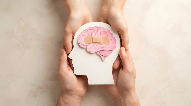 Hands Holding Paper Head with Brain and Bandage Mental Health Healing Concept