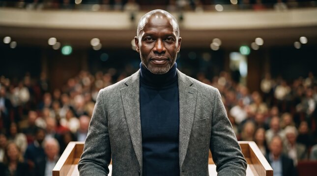 Generative AI, Confident male speaker standing at a podium before an auditorium audience