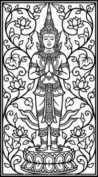 Thai Angelic Being: An ornate, line-art depiction of a Thai angel or deity standing in a reverent pose, adorned in traditional attire and surrounded by intricate floral motifs.