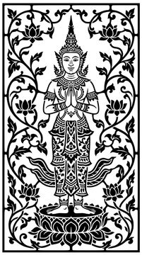 Ornate Thai Guardian Angel: A traditional black and white Thai art illustration depicts a serene guardian angel with intricate floral motifs, offering a welcoming gesture.