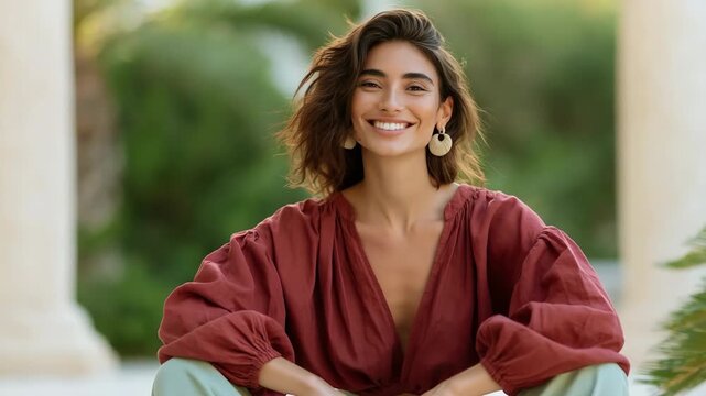Serene woman meditating outdoors in red blouse and sage pants for wellness lifestyle background and mindfulness portrait
