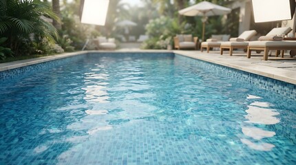 Fototapeta premium Luxurious outdoor swimming pool with blue tiles surrounded by lush tropical plants and resort lounge chairs under bright sunlight.