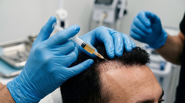 Specialist injecting platelet rich plasma into a male patient scalp using a syringe for hair loss prevention, restoration, and professional dermatology treatment.