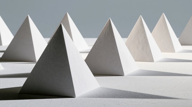 White geometric pyramids stand in a repeating pattern with sharp edges cast by bright sunlight on a textured matte surface