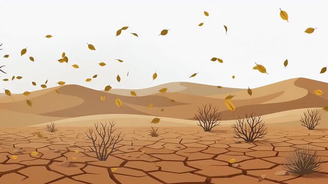 Autumn leaves flying over dry cracked desert landscape.