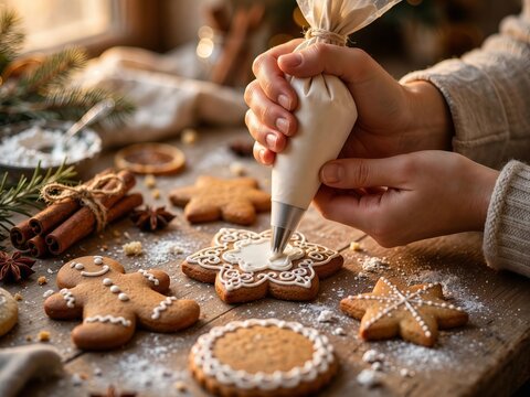 Hands decorating Christmas gingerbread cookies with icing