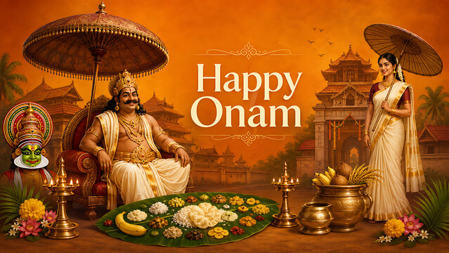Majestic king mahabali sitting beside a traditional sadhya meal near a temple for happy onam the grand south indian festival in kerala