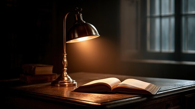 Vintage desk lamp illuminating open book on dark wooden table
