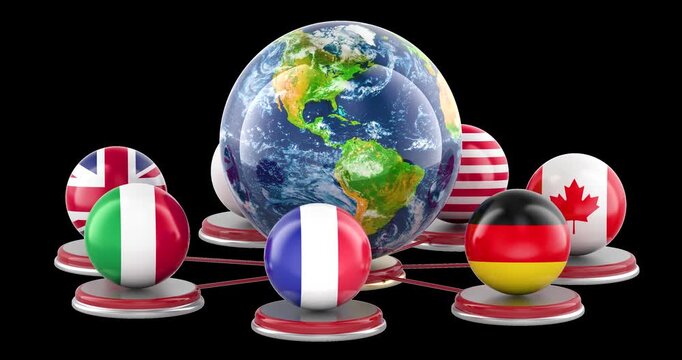 G7 countries with Earth Globe rotation animation seamlessly loopable. 3D rendering isolated on transparent background