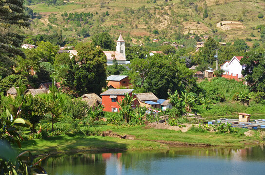 Madagascar, Ampefy, old church seen from Lake Kavitaha