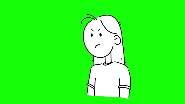 2D line art character shouting and complaining in anger, chroma key backdrop.