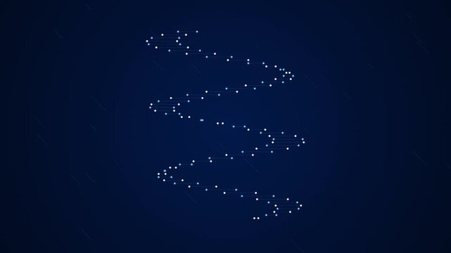 Abstract digital data spiral animation with glowing connected dots on dark blue background representing high tech connectivity networking and cyberspace motion.