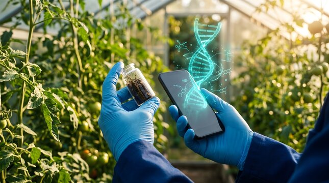 Hands in blue gloves holding a soil sample vial and smartphone with a glowing DNA hologram in a lush greenhouse for agricultural biotechnology and innovation concept.