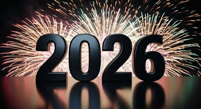 Vibrant fireworks illuminate the night sky behind the elegant 2026 numbers, celebrating the arrival of a new era of possibilities and hope