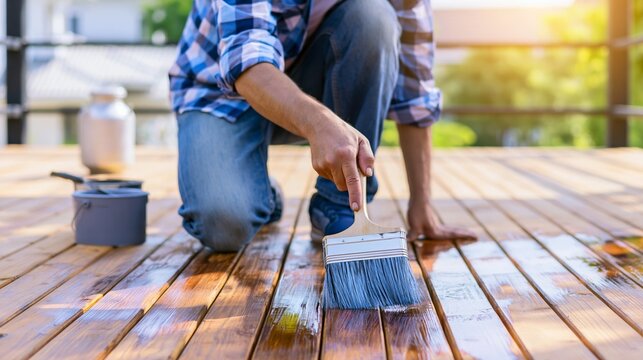 Man kneeling, carefully applying wood stain to outdoor deck boards with a brush, ensuring home maintenance and protection