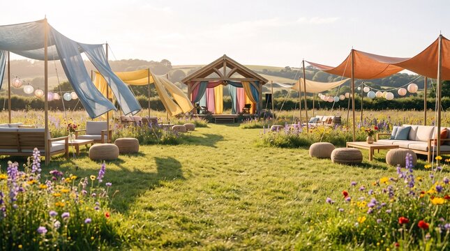 Scenic Outdoor Event Venue Featuring a Decorated Wooden Stage and Elegant Fabric Canopies in a Sunlit Wildflower Meadow During Golden Hour