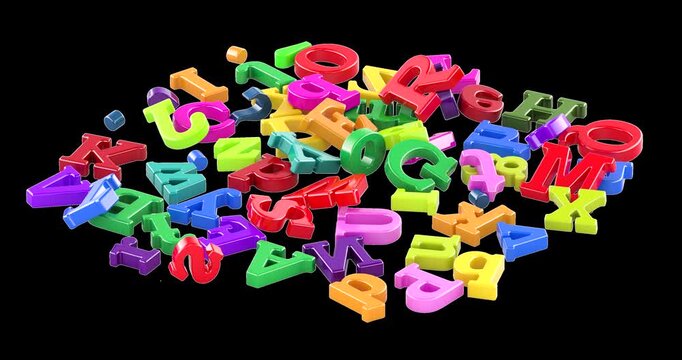 Heap of English alphabet letters rotation animation seamlessly loopable. 3D rendering isolated on transparent background