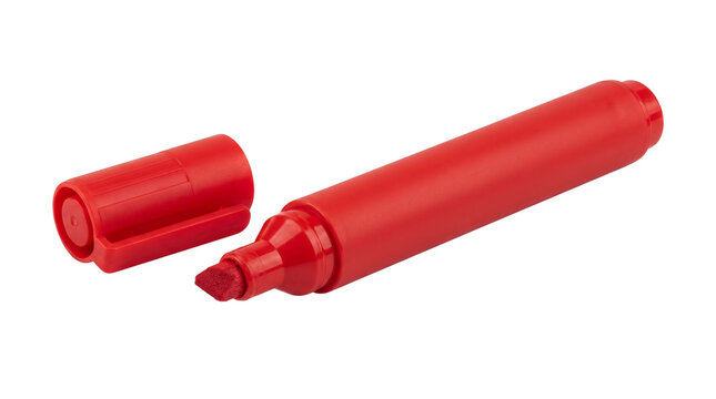 Red permanent marker with open cap, vibrant felt tip pen for office and school supplies, plastic ink highlighter on white background