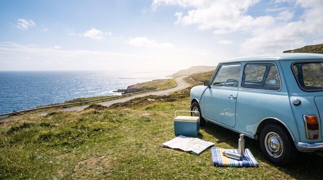 Scenic coastal drive with a picnic setup beside a classic car on a grassy meadow overlooking the ocean