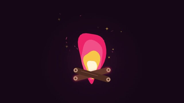 Stylized 2d campfire animation with pink and yellow flames over wooden logs on dark background featuring subtle floating sparks and glowing motion graphics design.