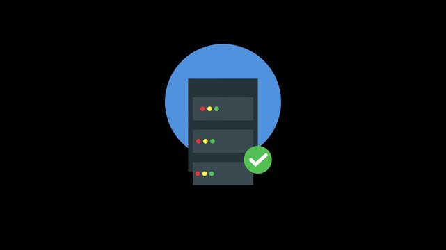 Data server icon animation with green checkmark sign on blue circle background representing successful connection and secure network hosting for web services.