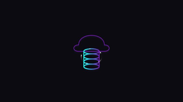Cloud computing database icon with glowing neon purple lines on black background representing digital storage and network infrastructure for modern technology.