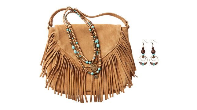 Bohemian brown suede fringe bag with turquoise bead necklace and earrings, western style leather handbag set, ethnic fashion accessories