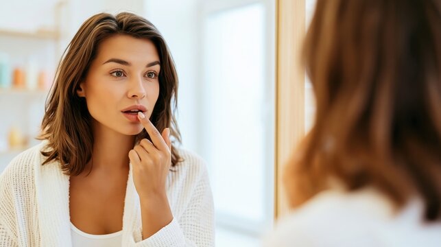 Young woman applying lip balm, touching her lips in mirror reflection during morning beauty routine