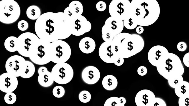 Floating white circle coins with black dollar signs moving across black background creating dynamic financial pattern for business economy concepts and motion art.