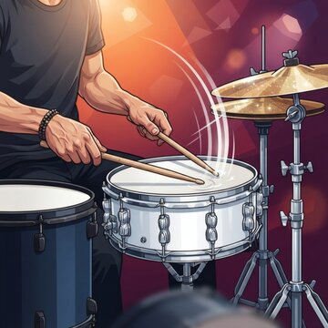 Energetic Professional Drummer Performing a Dynamic Musical Rhythm on a Stage with Bright Dramatic Lighting Effects