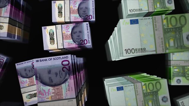 Euro and Scotland pound sterling Scottish money money exchange. Paper banknotes pack bundle. Concept of trade, economy, competition, crisis, banking and finance. Notes loopable seamless 3d animation.