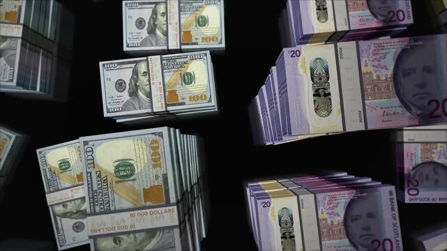 American Dollar and Scotland pound sterling Scottish money money exchange. Paper banknotes pack bundle. Concept of trade, economy, competition, crisis, banking and finance. Notes loopable seamless 3d.