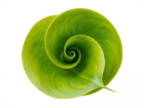 A vibrant green leaf with a natural spiral pattern isolated on white background