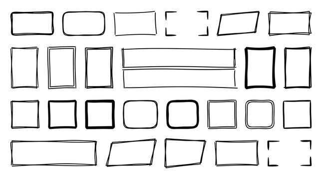 Hand drawn frame set vector, rough doodle border collection in black and white, sketch rectangles for labels and UI boxes