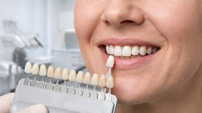 Woman smiling while dentist uses tooth shade guide to check teeth color in a clinic for professional oral healthcare, aesthetic improvement, and cosmetic dentistry services.