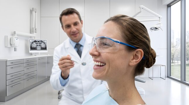 Female patient smiling during professional dental checkup with male dentist in modern bright clinic for oral healthcare and preventive medicine services.
