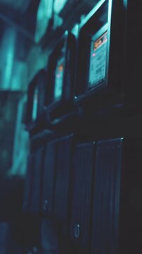 Several vintage vending machines are placed against a wall in an urban alley. The scene is illuminated by soft blue light, creating a unique and moody atmosphere at night.