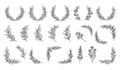 Fototapeta premium SEO Title: Hand drawn laurel wreaths leafy branches herbs and botanical ornaments black white vector collection