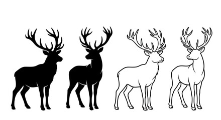 Fototapeta premium Four stag silhouettes and line drawings against a white background